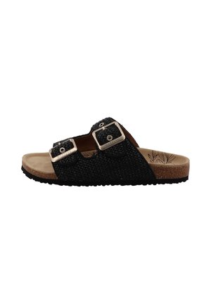Sandalo nero con suola a scivolo e due fibbie regolabili, materiale testurizzato, plantare in sughero e soletta decorata. Suola in gomma per una maggiore aderenza.