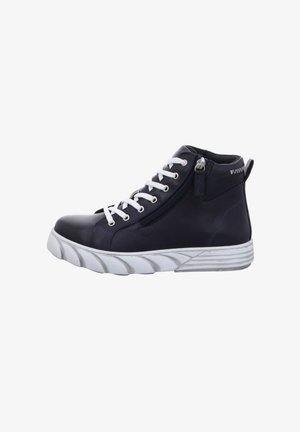Navy blue high-top sneaker made of synthetic material, featuring white laces, side zipper, and a textured white outsole design.
