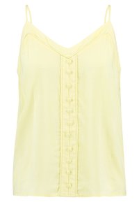 Světle žlutá bezrukávová blůza s tenkými ramínky, V-výstřihem a centrálním řadou malých kulatých knoflíků vpředu.
