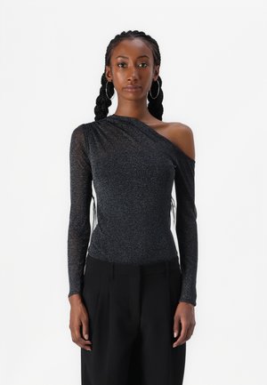 Long-Sleeve Asymmetrical Draped Mesh Bodysuit - Ilgarankovis viršutinės dalies drabužis - black