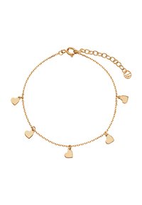 Bransoletka w odcieniu złota z pięcioma małymi zawieszkami w kształcie serca, połączonymi delikatnym łańcuszkiem z zapięciem na kraba i łańcuszkiem przedłużającym.