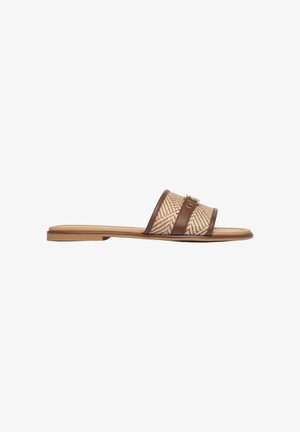 Flat slide sandal with woven beige and brown patterned strap and tan sole, designed for casual wear.