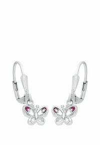 Orecchini a forma di farfalla in argento con piccole gemme viola sulle ali e chiusure a leva per l'attacco.