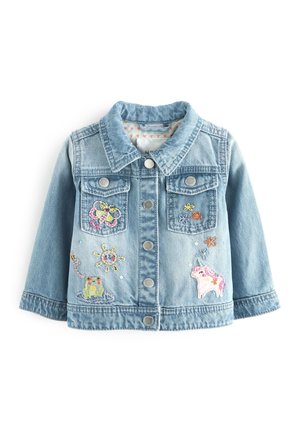Light blue denim toddler jacket with button closure, front pockets, and colorful embroidered butterfly, sun, frog, flowers, and unicorn patches.