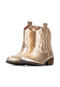 Botines metálicos dorados con un acabado texturizado, costuras de estilo western, cremallera lateral y tacón bajo apilado. Presenta bordes superiores curvados.
