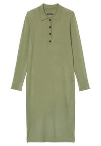 Robe en maille vert olive à manches longues avec col et quatre boutons noirs sur la patte de boutonnage avant.
