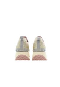 Sport shoes featuring a beige fabric upper, metallic gold back, grey accents, and a pink textured sole. Heel loop for easy wear.