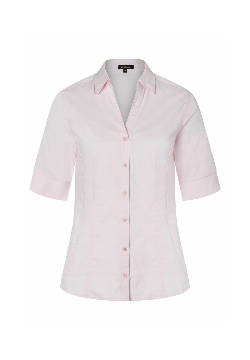 Light pink button-up shirt with a collar, short sleeves, and a fitted silhouette. Features matching buttons and smooth fabric texture.