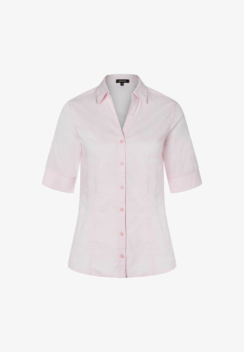 Light pink button-up shirt with a collar, short sleeves, and a fitted silhouette. Features matching buttons and smooth fabric texture.
