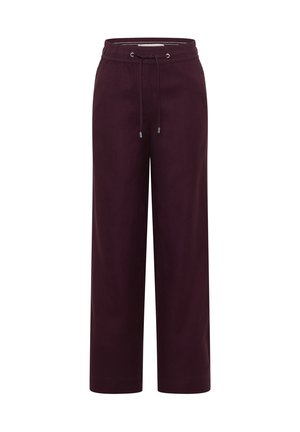 Pantalon bordeaux à jambes larges avec taille élastique et fermeture à cordon, confectionné dans un tissu doux et confortable.