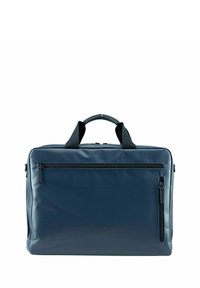 Bolsa para portátil de color azul marino, hecha de material duradero. Cuenta con dos asas y tres compartimentos con cremallera. Textura suave con un diseño elegante.