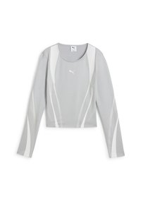 Halli pikisuine crop top hallide laineliste aksentidega, valmistatud siledast kangast. Omab ümmargust kaelust ja väikest logo esiküljel.