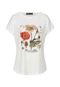 T-shirt blanc à manches courtes avec un motif floral de coquelicots, présentant des couleurs rouge, rose et verte, avec le texte « Coquelicot commun » en dessous.