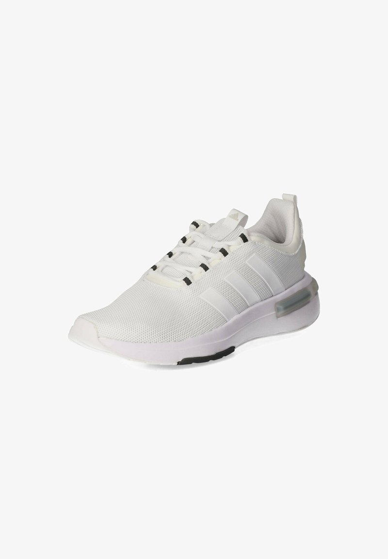 White athletic shoe with mesh upper, black accents, and three white stripes. Features a rounded toe and a cushioned sole with a transparent insert.