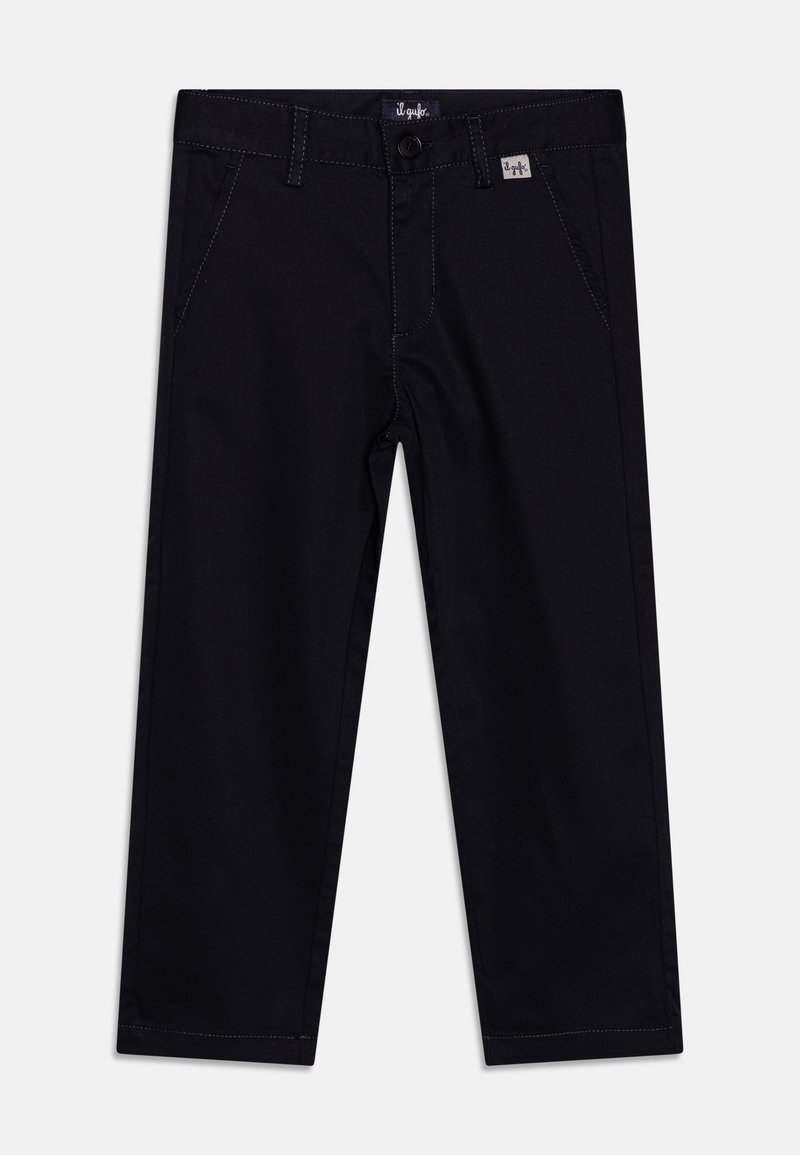 Pantalon droit bleu marine foncé avec poches, passants de ceinture, fermeture par bouton et détails de couture visibles sur fond blanc.
