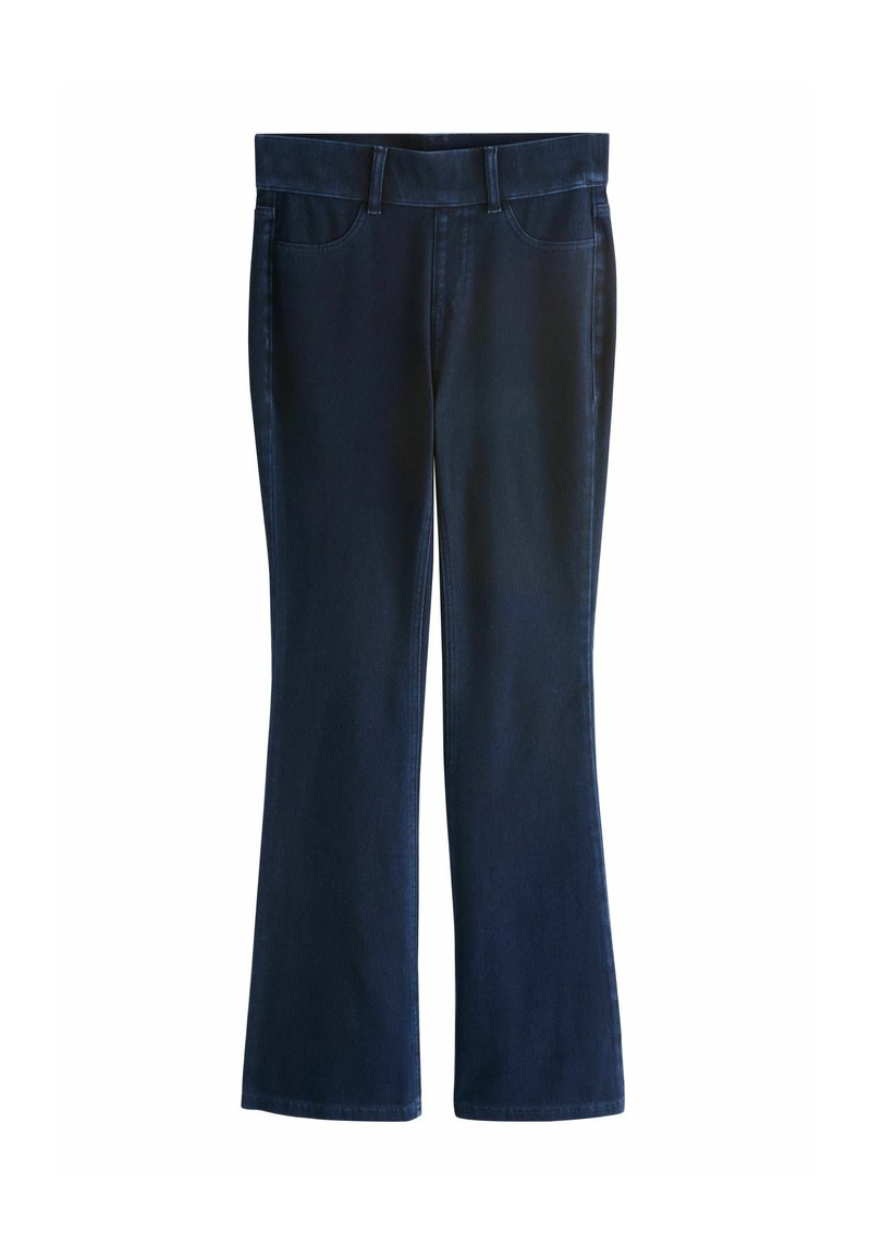 Jeans a zampa d'elefante di colore blu scuro, realizzati in denim, con una vita media, due tasche frontali e una superficie liscia con cuciture a vista.