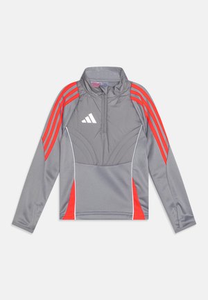 Grijze sportieve pullover met rode en witte accenten. Heeft een halve rits bij de hals, lange mouwen en drie strepen langs de schouders.