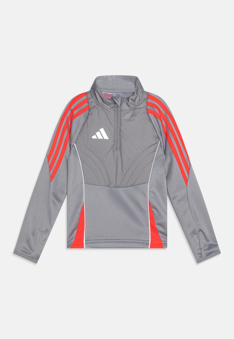 Gray athletic pullover with red and white accents. Features a half-zip neck, long sleeves, and three stripes along the shoulders.