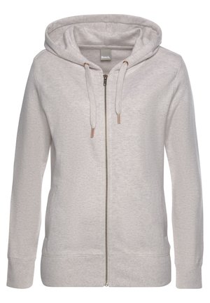 Light grey full-zip hoodie with front pockets, adjustable drawstring hood, ribbed cuffs and hem, branded tag inside collar.