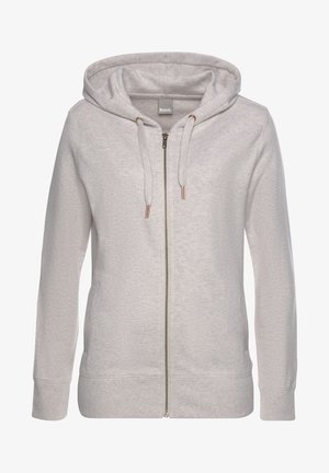 Sweat à capuche gris clair à fermeture éclair intégrale avec poches avant, capuche réglable avec cordon, poignets et ourlet côtelés, étiquette de marque à l'intérieur du col.