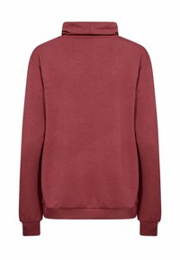 Bluză sport maro închis cu mâneci lungi, guler înalt, mansete și talie cu țesătură elastică, văzută din spate pe un fundal alb.