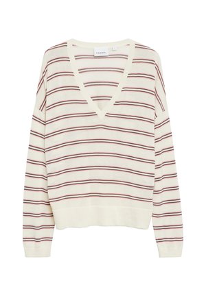 Kremowy sweter z dekoltem w serek i długimi rękawami, ozdobiony cienkimi, poziomymi czerwonymi i czarnymi paskami oraz ściągaczami na mankietach i dole.
