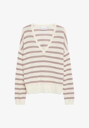 Cremefarbener V-Ausschnitt-Pullover mit langen Ärmeln, der dünne horizontale rote und schwarze Streifen sowie gerippte Bündchen und Saum hat.