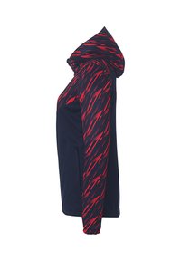 Marinejakke med hætte, prydet med et rødt lynmønster på ærmerne. Lavet af blødt materiale med lynlås og sidelommer.