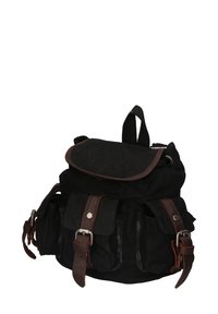 Sac à dos en toile noire avec des accents en cuir brun, fermeture à cordon, rabat supérieur et plusieurs poches avant avec des détails de boucle.