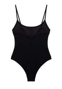 Maillot de bain une pièce noir avec des bretelles fines ajustables, un tissu texturé, des jupes haute et un panneau en mesh en haut.
