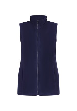 Gilet in pile blu navy con colletto alto, zip frontale completa e due tasche laterali. Tessuto liscio, senza maniche né dettagli aggiuntivi.