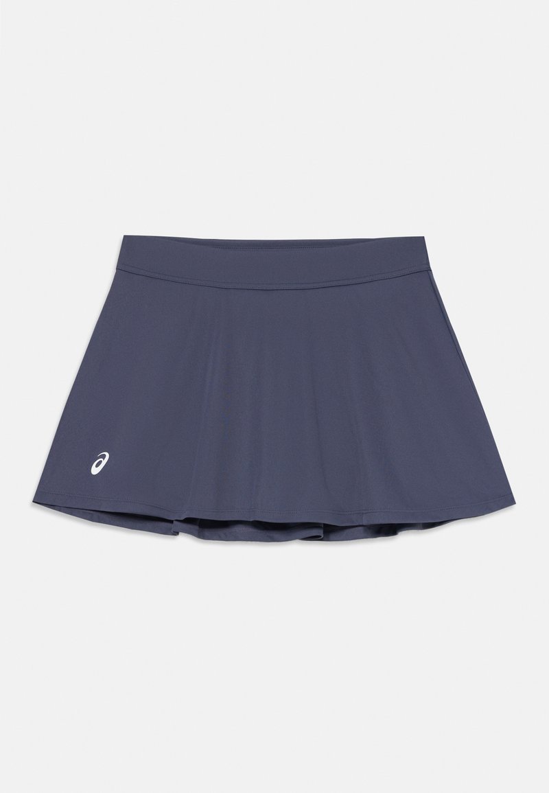 Falda deportiva acampanada en azul oscuro, hecha de tela suave. Presenta una cinturilla ancha y un pequeño logo en el dobladillo inferior izquierdo.