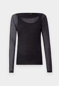 Černé tričko s dlouhým rukávem z lehkého, průhledného materiálu, s výstřihem do lodi a upnutým střihem, s hladkými, bezešvými okraji.