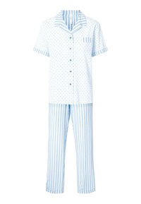 Pijamas de algodón de color azul claro que presentan una camiseta de botones de manga corta con lunares y pantalones a rayas a juego. Con un bolsillo notable en el pecho.