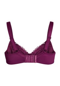 Mauvekleurige beha met een gegolfde rand, verstelbare bandjes en een multi-haaksluiting aan de achterkant voor verstelbaarheid. Soepele stoftextuur.