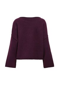 Suéter corto morado con mangas amplias, tejido suave y textura, y un sencillo escote redondo. Detalles de costura a lo largo de los bordes.