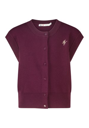 Mouwloze donkerpaarse cardigan met knopen, geribde zoom en kraag, met een klein wit geborduurd "AJ"-logo op de borst.