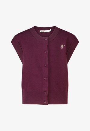 Mouwloze donkerpaarse cardigan met knopen, geribde zoom en kraag, met een klein wit geborduurd "AJ"-logo op de borst.
