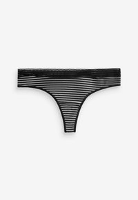 String noir et blanc à rayures, en tissu doux avec une garniture en dentelle le long de la taille pour un détail supplémentaire. Présente une forme triangulaire classique.