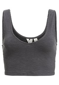 Grå ribbet crop top med en dyb udskæring og brede skulderstropper. Har en blød tekstur og et tæt design, der er velegnet til lagdeling.