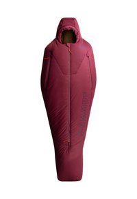 Sacco a pelo isolato color bordeaux con cappuccio, design aerodinamico, zip esterna, accenti arancioni e branding "MAMMUT RECOVERY SERIES".