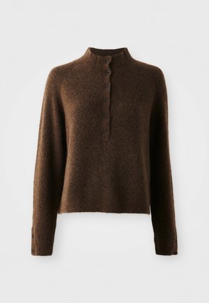 Brown fuzzy knit sweater with long sleeves, a high ribbed collar, and a button placket with six black buttons on front and cuffs.