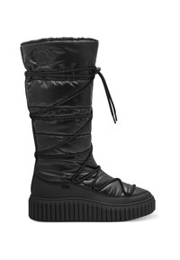 Bota negra abullonada hasta la rodilla con puntera redondeada, material texturizado, detalle de cordones ajustables y suela gruesa con relieve. Abertura forrada.