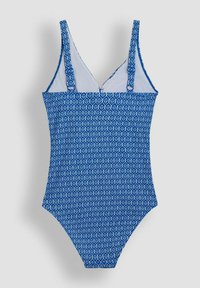 Mėlynas vientisas maudymosi kostiumėlis su geometriniu raštu, turintis reguliuojamas petnešas, V formos iškirptę ir švelnų paviršių.