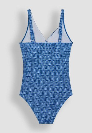 Jednodielne plavky v modrom geometrickom vzore, s nastaviteľnými popruhmi, v-výstrihom a hladkou textúrou.