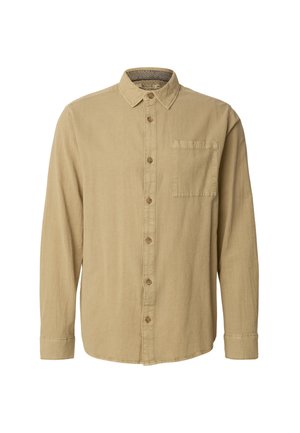 Beige Langarmshirt aus strukturiertem Stoff, mit durchgehender Knopfleiste, rundem Kragen und einer Brusttasche auf der linken Seite.