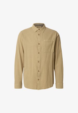 Beige Langarmshirt aus strukturiertem Stoff, mit durchgehender Knopfleiste, rundem Kragen und einer Brusttasche auf der linken Seite.