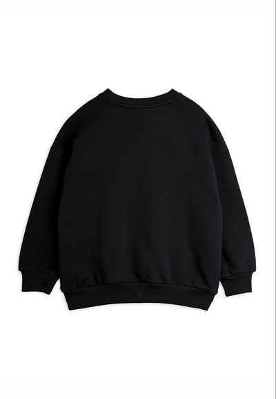 Μαύρο μακρυμάνικο φούτερ με στρογγυλή λαιμόκοψη, με ριμπ τελειώματα στα μανίκια και στο τελείωμα, εμφανίζεται από πίσω σε λευκό φόντο.