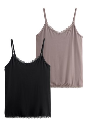 Zwei ärmellose Damen-Camisoles mit Spitzenbesatz, eine schwarz und eine mauve, auf weißem Hintergrund dargestellt.