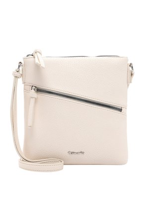 Petit sac à bandoulière en cuir beige clair avec poche zippée diagonale à l'avant et bandoulière réglable.